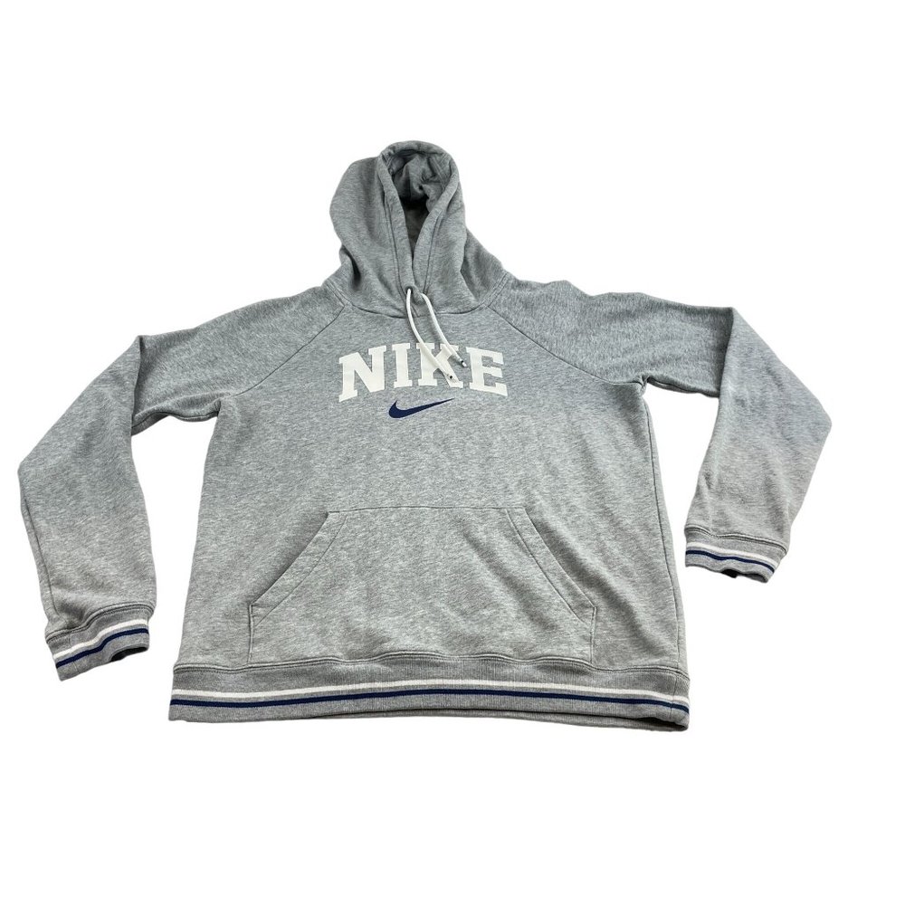 Nike Women's Heathered Gray Hooded Sweatshirt Blue White Ribbed Hem Sz S